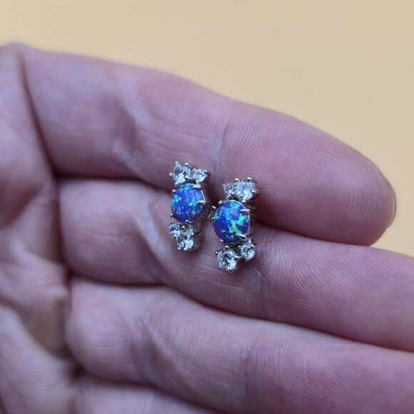 Sterling Silver Round Blue Opal And CZ Stud Earrings A5385 - Picture 4 of 8